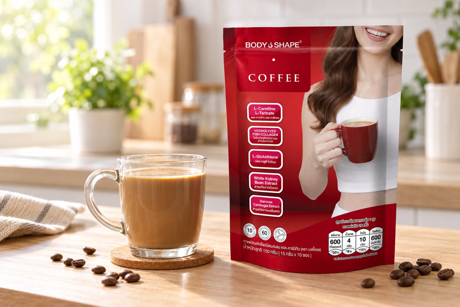 ซองกาแฟบอดี้เชพ Coffee + L-Carnitine ข้างแก้วกาแฟบนเคาน์เตอร์ครัว